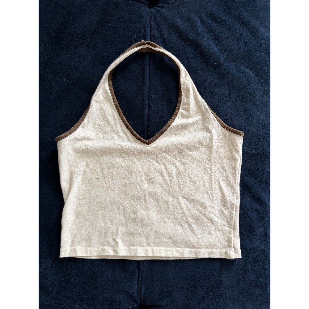 Brandy Melville ivory Halter Neck Crop Tank Top brown Trim One Size Beachy